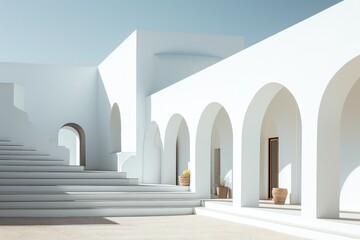 Minimalistic white building with round arches. Surreal architecture.