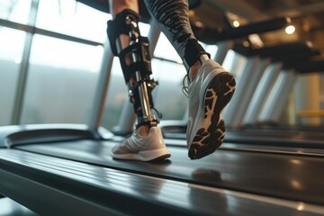 A disabled man with a prosthetic instead of a leg trains on a treadmill. Close-up of sneakers on the belt of a sports simulator. - obrazy, fototapety, plakaty