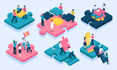 Naklejka premium Isometric teamwork scenes