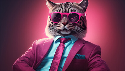 Fototapeta premium Cat wearing sunglasses and a suit anthropomorphic fashion style