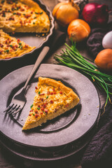 Homemade onion cake with bacon