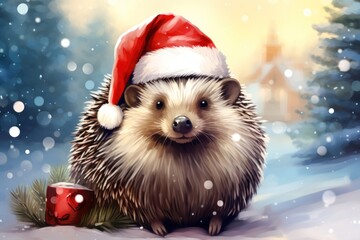  a hedgehog wearing a santa hat sitting in the snow with a cup of hot chocolate in front of it.