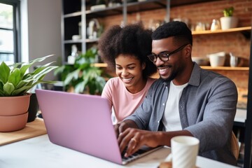 Black History Month, Positive dark skinned guy showing new app for netbook, African american couple making shopping online together
