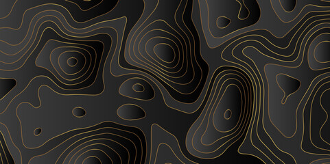 Abstract pattern with lines Topographic map. Geographic mountain relief . Modern design with black background golden line wavy pattern design. Background for desktop, topology, digital art .