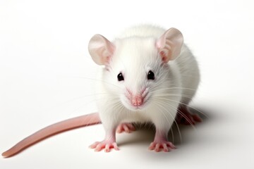 A white rat sitting on top of a white surface. Laboratory animal, testing model for research.