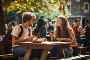 Two students boy and girl have lunch on campus or college on a warm summer day. Friends or couple are sitting on wooden benches at the table talking and eating. Generated by AI. - obrazy, fototapety, plakaty