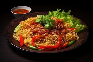  a plate of noodles with sauce and lettuce on a black plate with a small bowl of dipping sauce.
