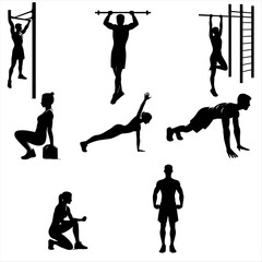 Collection of different exercise silhouettes ,calisthenics silhouettes ,female fitness , male fitness	