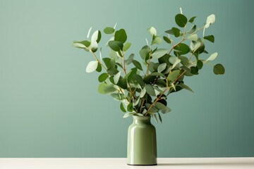  a green vase filled with green leaves on top of a white table with a green wall in the back ground.