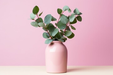  a pink vase with a bunch of green leaves in it on a light pink surface with a pink wall in the background.