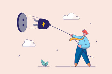 Electricity saving concept. ecology awareness or reduce electric cost and expense, man pulling electric cord to unplug to save money or for ecology power. Flat vector illustration.