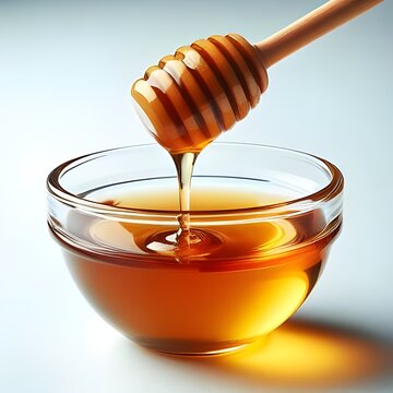 Honey pouring from a wooden dipper into the glass bowl