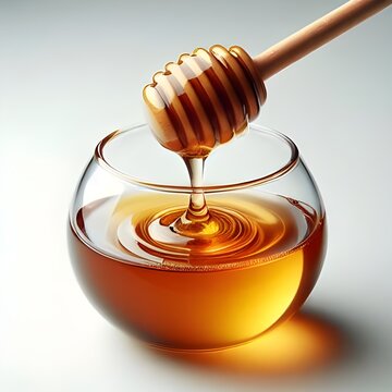 Honey pouring from a wooden dipper into the glass bowl