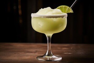  a margarita sitting on top of a wooden table with a lime wedge in the rim of the glass and a straw sticking out of the rim.