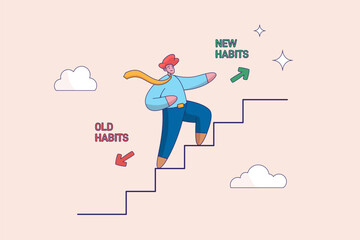 Obraz premium Make a choice concept. Businessman walking up stair to new habits way. Old Habits and new habits choice, Choose a new direction. Modern flat vector illustration.