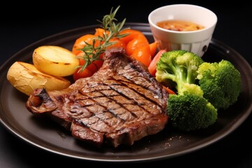  a plate of steak, potatoes, carrots, and broccoli with a dipping sauce on the side.