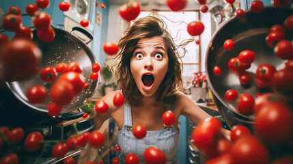                     a beautiful woman in the kitchen around vegetables, frying pans, pots, in a panic preparing lunch - obrazy, fototapety, plakaty