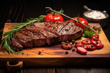  a piece of steak on a cutting board with tomatoes, herbs, and a knife on a wooden cutting board.