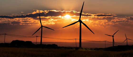 Obraz premium Silhouette of wind turbines in the landscape. Sky with clouds during sunset. Renewable and sustainable energy, climate change, technology. 3D illustration