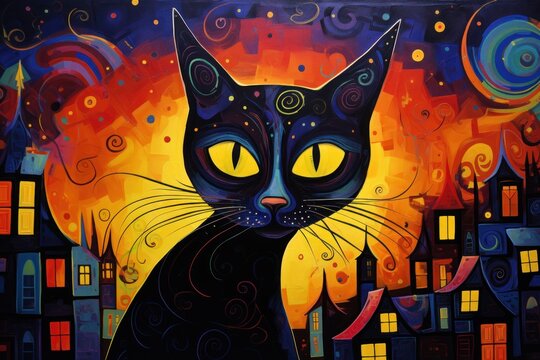  a painting of a black cat sitting in front of a cityscape with a full moon in the background.