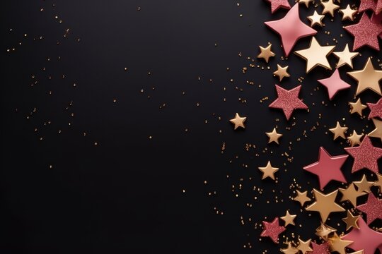  a black background with gold and pink stars and confetti falling from the top to the bottom of the image.