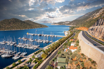 Kaş yacht marina. Top view aerial footage of  many luxury boats and yachts in the harbor. Drone...