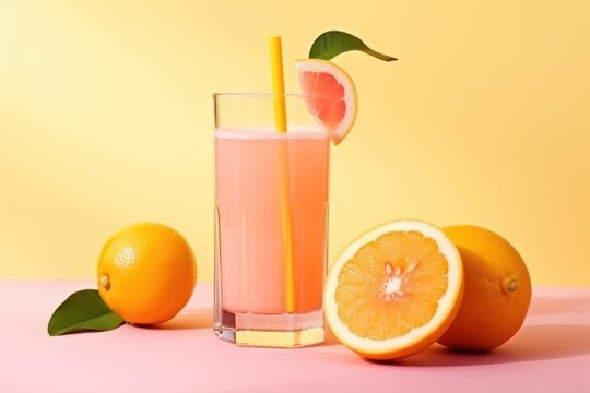  a glass of orange juice with a straw next to two oranges and a grapefruit on a pink surface.