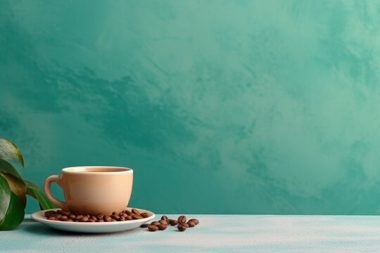  a cup of coffee sitting on top of a saucer next to a plate of coffee beans and a potted plant.
