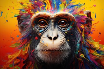  a painting of a monkey's face with multi - colored paint splatters on it's face.