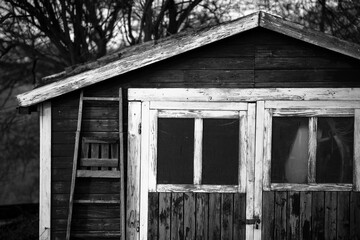 Eine Leiter lehnt an einem alten Gartenhaus aus Holz in Schwarz-Weiß.