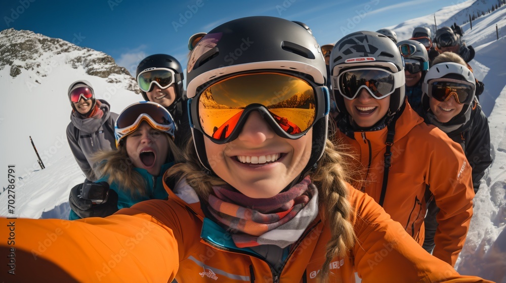 Wall mural Group of friends skiing down a mountain