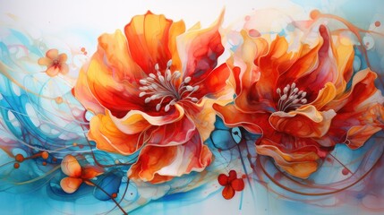 whimsical watercolor floral cascade with lively hues of orange and blue, perfect for creative design projects, textile art, home decor inspiration, and decorative backgrounds