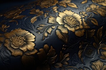  a close up of a blue vase with gold flowers on it's sides and gold leaves on it's sides.