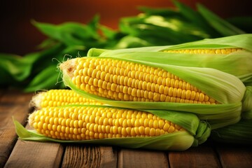  a close up of two corn on the cob on a wooden surface with green leaves in the back ground.
