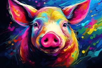  a painting of a pig's face with colorful paint splatters on the side of the pig's face.