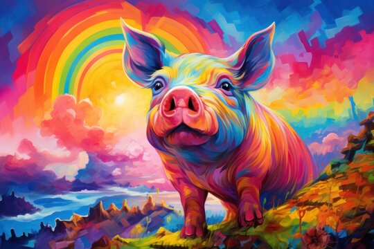 a painting of a pig standing on top of a hill with a rainbow in the sky and clouds in the background.