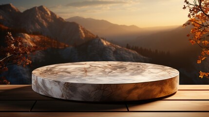 Empty Round Marble Table Top Podium in Morning Light Perfect for Advertising Products with a Blurred Background for Mockups and Presentations, Moch-up, Space for Adding Text