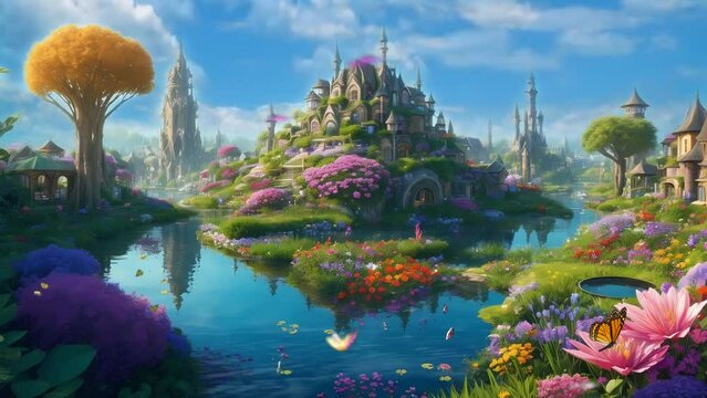 Beautiful fantasy castle with pond and flower garden, seamless Animation video background in 4K Resolution