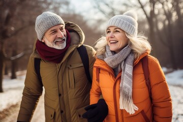 Fototapeta premium Happy mature couple walking in winter park, Close-up