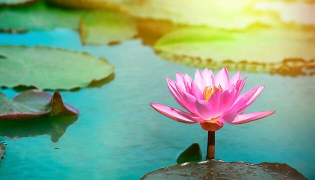 pink lotus flower in the middle of a pond with cyan water warm lighting
