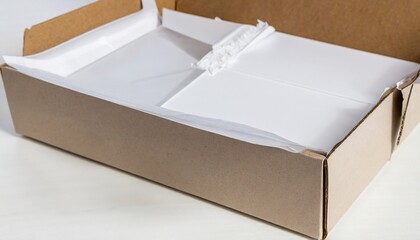 cardboard box with white wrapping paper and opened cover horizontal
