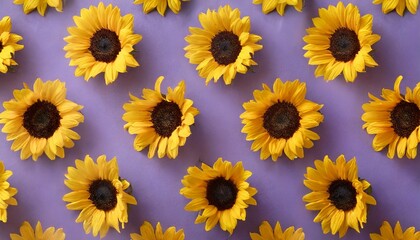 sunflower pattern background on a purple background viewed from above top view