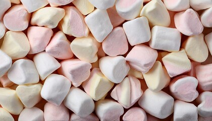 Marshmallows on pink background with copyspace. Flat lay or top view. Background or texture of colorful mini marshmallows. Winter food background concept. - obrazy, fototapety, plakaty