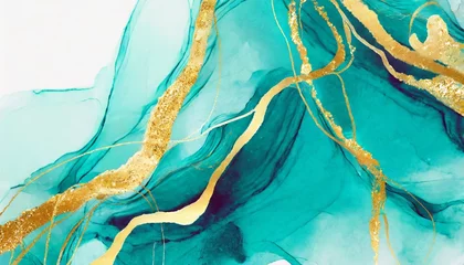 Fotobehang turqoise and teal alcohol ink background golden paths accent original texture with minimal modern design curved marble texture soft shapes hand drawn painted art unique wallpaper for print © Katherine