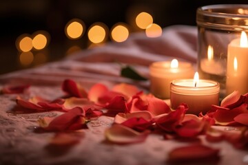  a couple of candles sitting on top of a table next to a vase filled with rose petals on top of a table. - obrazy, fototapety, plakaty