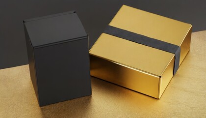 gold boxes packaging with black sticker and black cover 3d rendering - obrazy, fototapety, plakaty