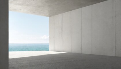 abstract empty modern concrete room with wall openings rough floor and ocean view industrial interior background template