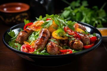  a close up of a plate of food with meat and veggies on a bed of lettuce.