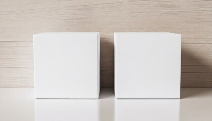 two square white boxes mockup with white wrapping paper on table 3d rendering