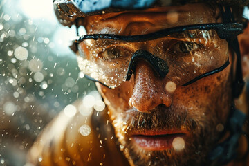 Close-up of a cyclist's intense focus and determination during a challenging uphill climb, with sweat and effort visible on their face.